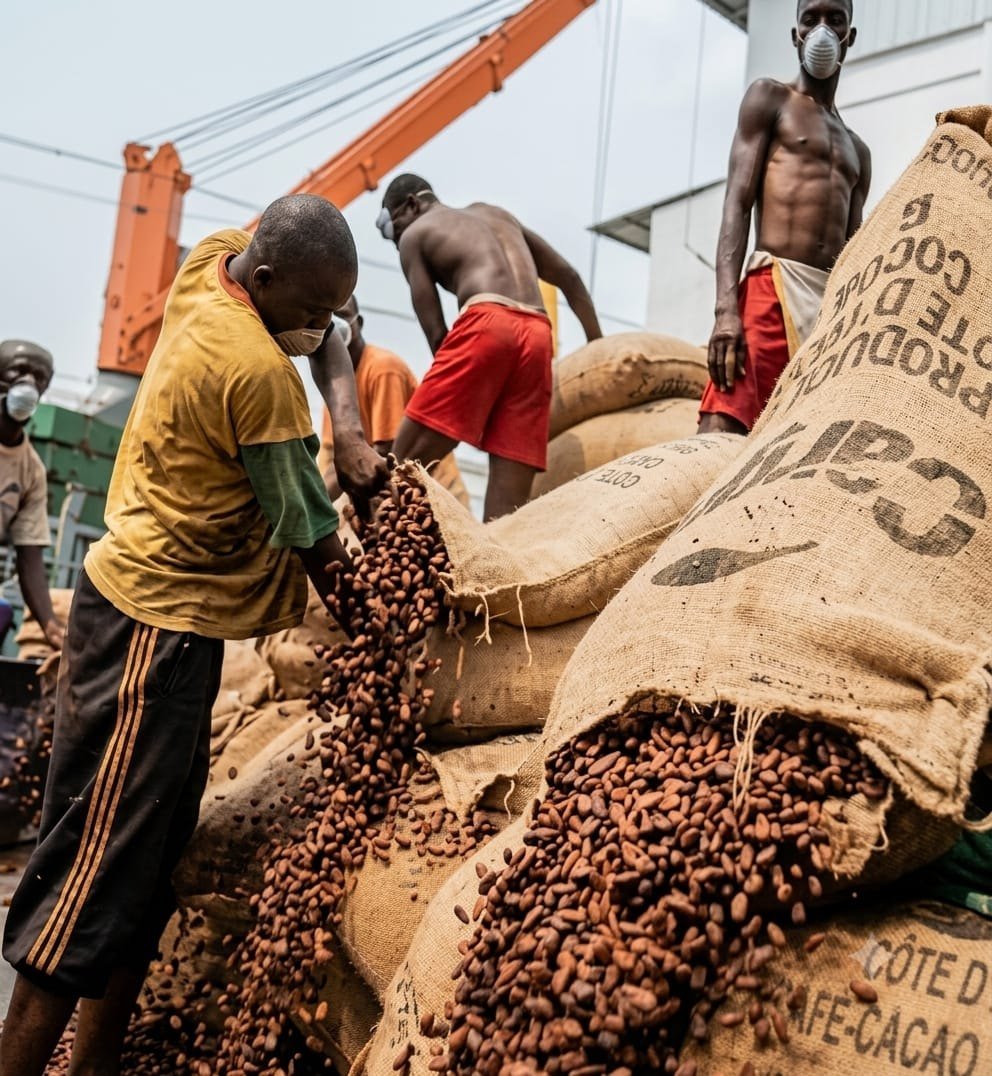 Opération de manutention de sacs de cacao
